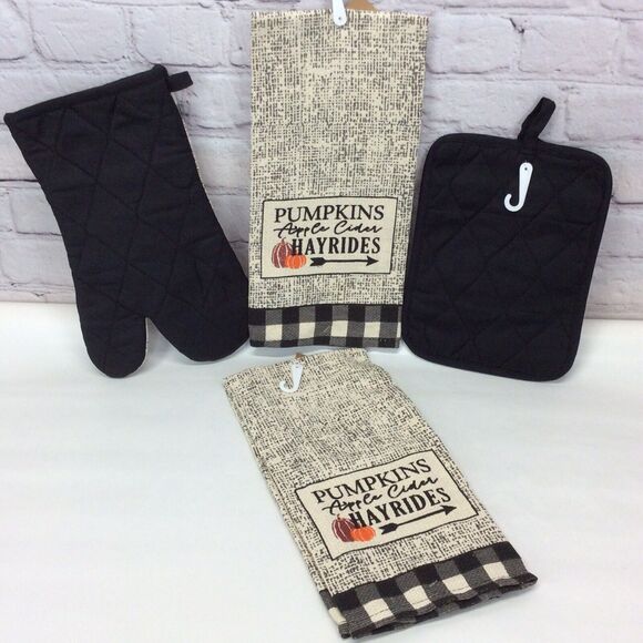Fall 4 Pc Kitchen Set Pumpkins Buffalo Check 2 Towels/1 Oven Mitt/1 Pot Holder - Picture 5 of 5